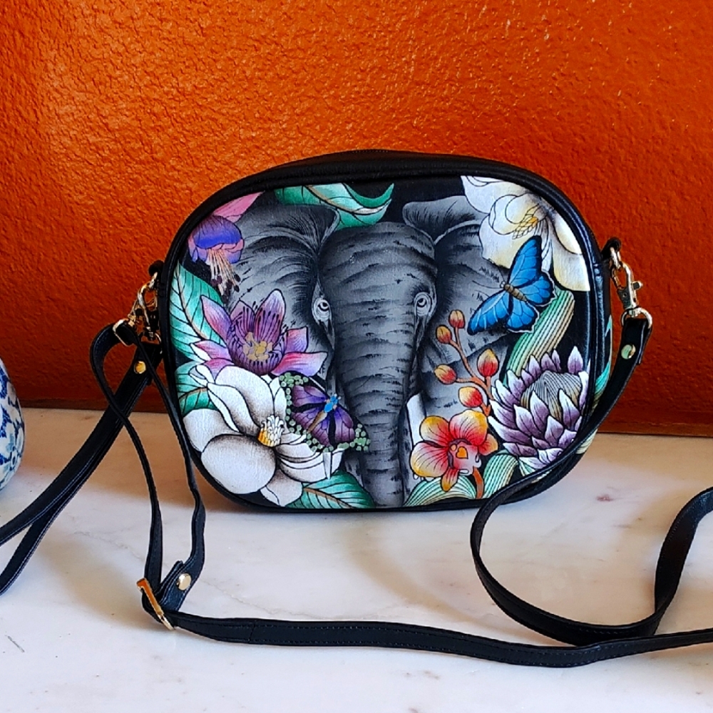 Anuschka Hand-Painted Black Artistic Elephant Crossbody Bag